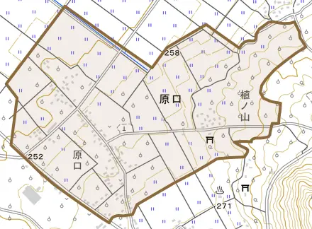 原口とその周辺の地図。町の範囲を重ねている