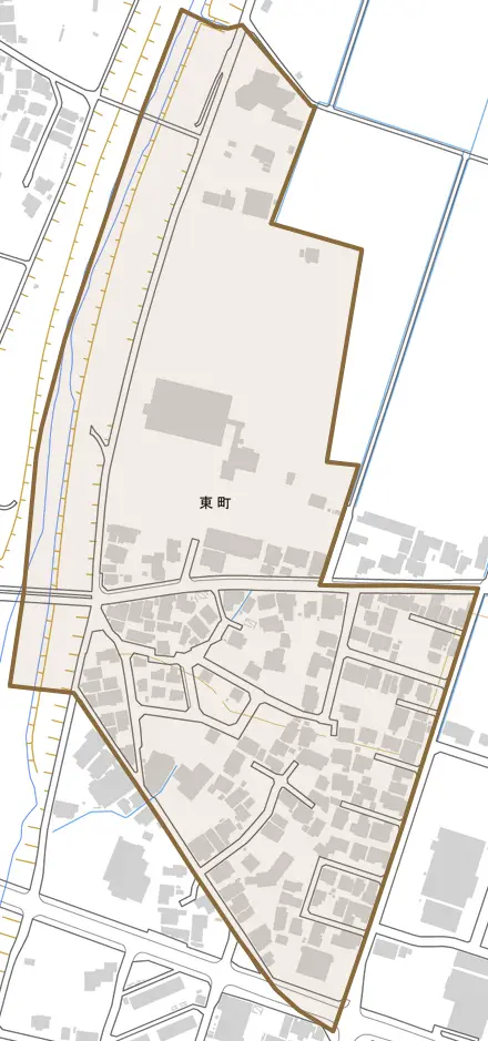 東町とその周辺の地図。町の範囲を重ねている