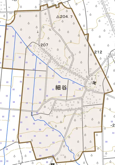 細谷とその周辺の地図。町の範囲を重ねている