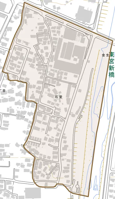 石堂とその周辺の地図。町の範囲を重ねている