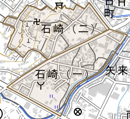 石崎とその周辺の地図。町の範囲を重ねている