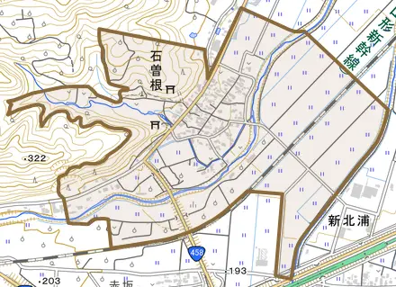 石曽根とその周辺の地図。町の範囲を重ねている