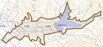 上生居とその周辺の地図。町の範囲を重ねている