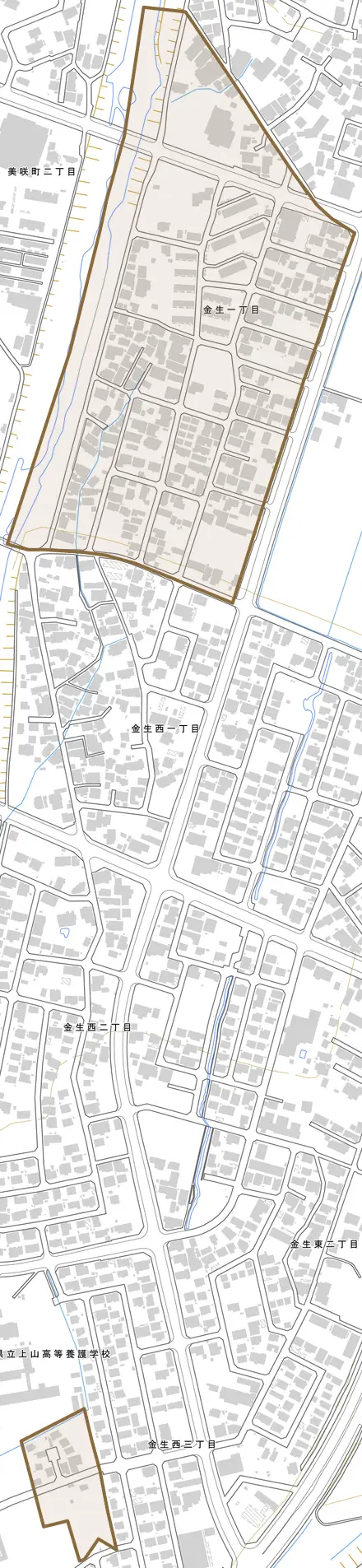 金生とその周辺の地図。町の範囲を重ねている