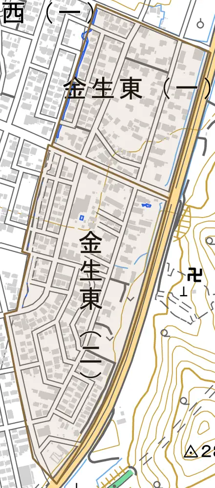 金生東とその周辺の地図。町の範囲を重ねている