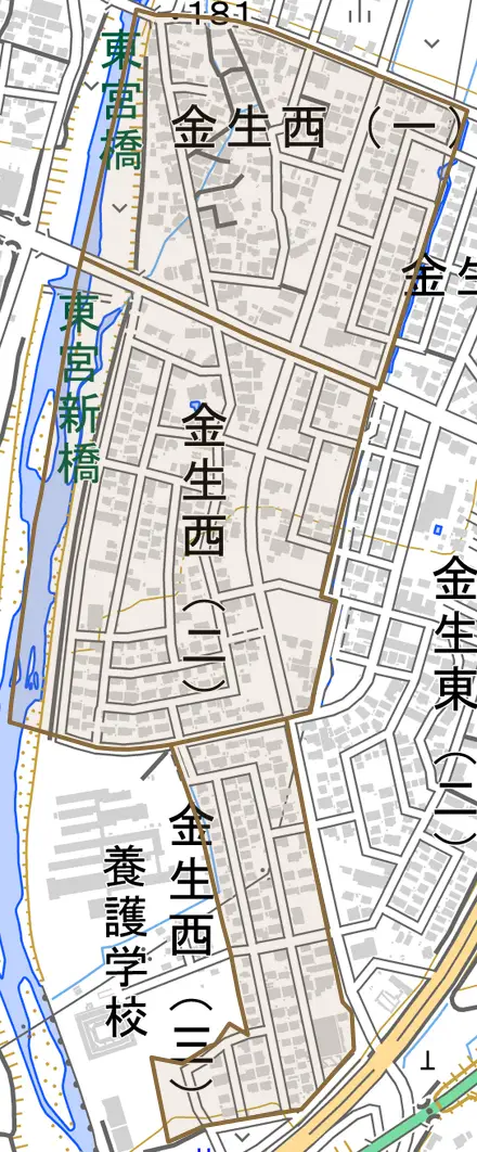 金生西とその周辺の地図。町の範囲を重ねている