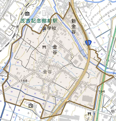 金谷とその周辺の地図。町の範囲を重ねている