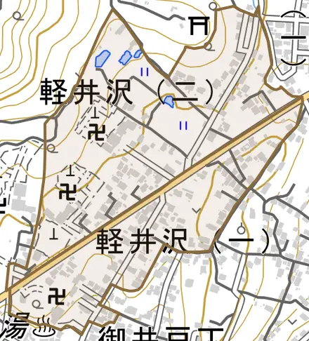 軽井沢とその周辺の地図。町の範囲を重ねている