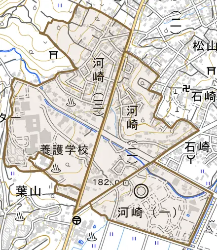 河崎とその周辺の地図。町の範囲を重ねている