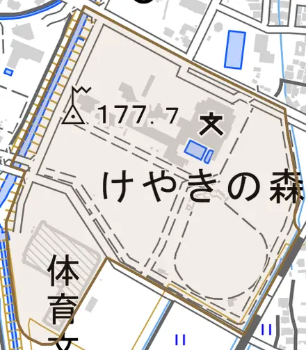 けやきの森とその周辺の地図。町の範囲を重ねている