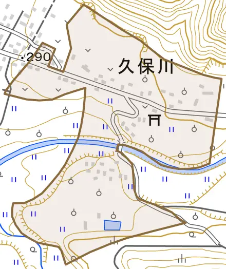 久保川とその周辺の地図。町の範囲を重ねている