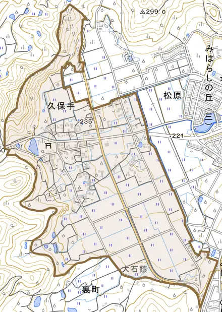 久保手とその周辺の地図。町の範囲を重ねている