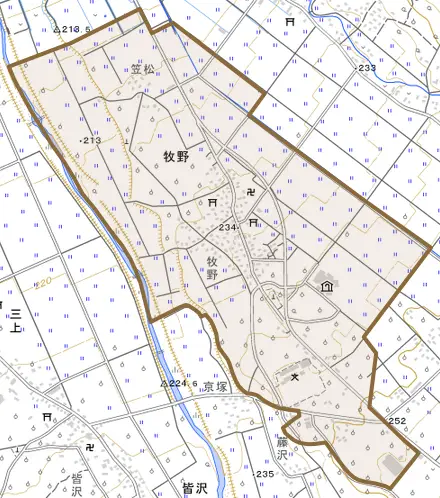 牧野とその周辺の地図。町の範囲を重ねている