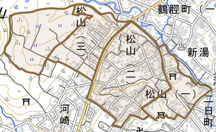 松山とその周辺の地図。町の範囲を重ねている