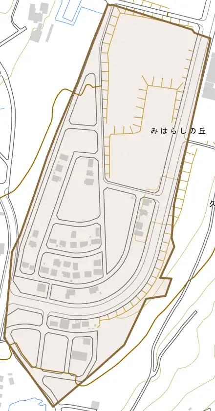 みはらしの丘とその周辺の地図。町の範囲を重ねている