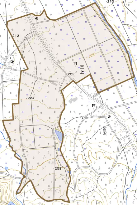 三上とその周辺の地図。町の範囲を重ねている