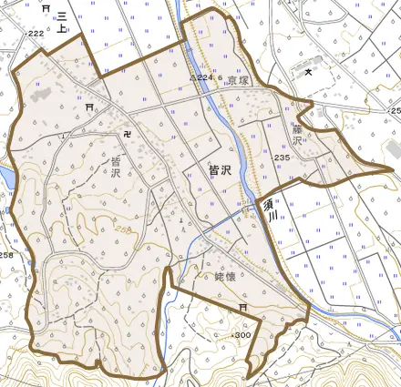 皆沢とその周辺の地図。町の範囲を重ねている