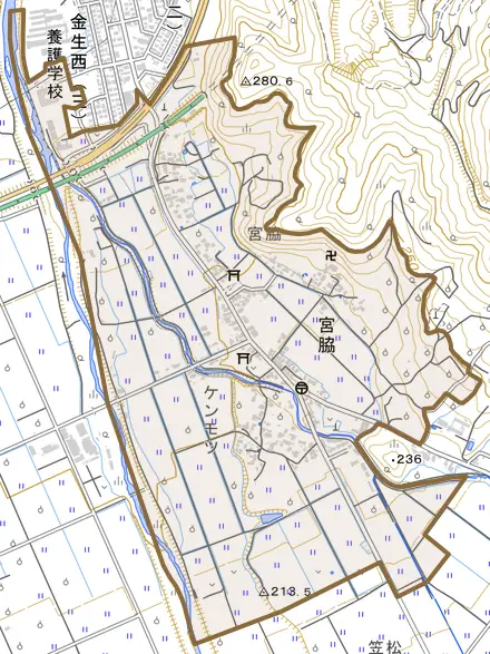宮脇とその周辺の地図。町の範囲を重ねている