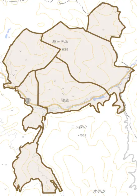狸森とその周辺の地図。町の範囲を重ねている