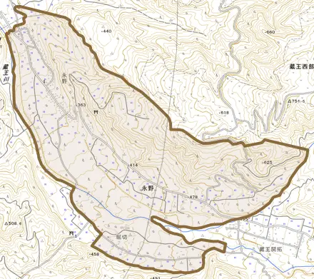 永野とその周辺の地図。町の範囲を重ねている