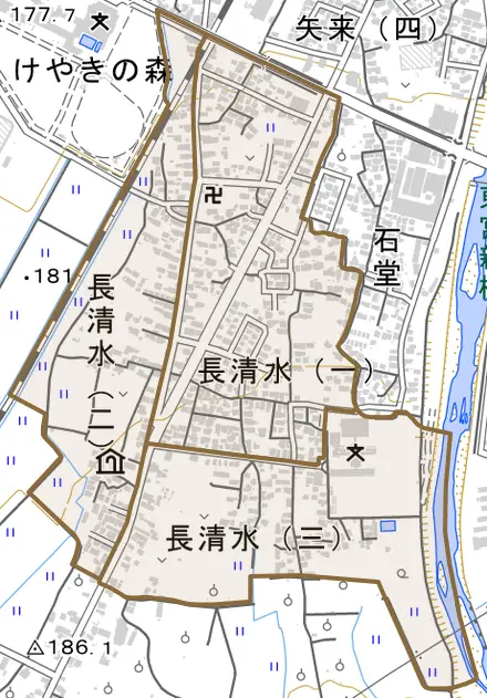 長清水とその周辺の地図。町の範囲を重ねている