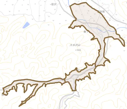 楢下とその周辺の地図。町の範囲を重ねている