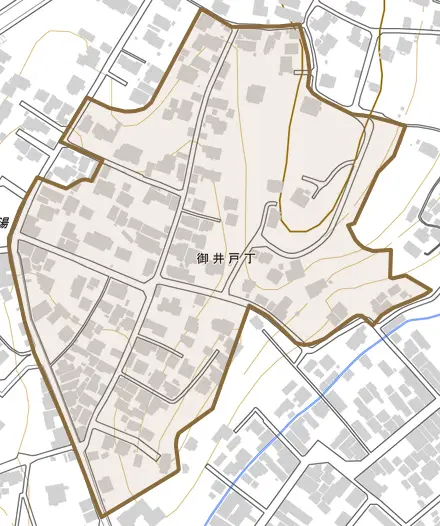 御井戸丁とその周辺の地図。町の範囲を重ねている