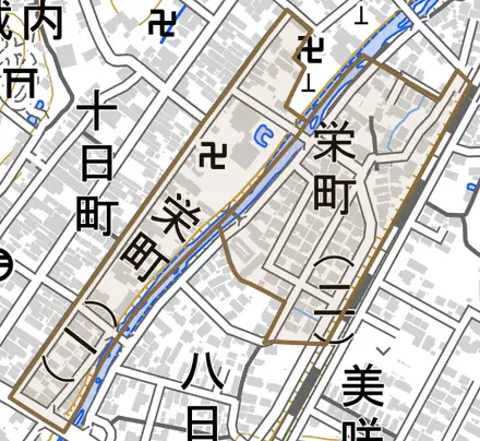 栄町とその周辺の地図。町の範囲を重ねている