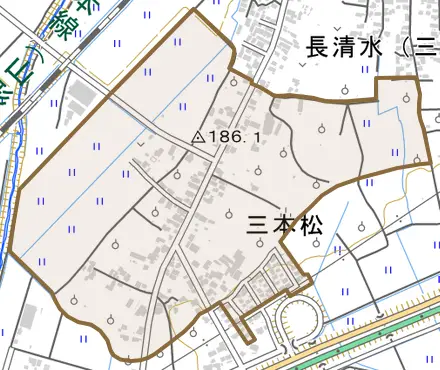 三本松とその周辺の地図。町の範囲を重ねている