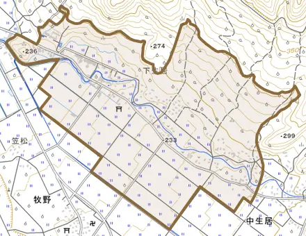 下生居とその周辺の地図。町の範囲を重ねている