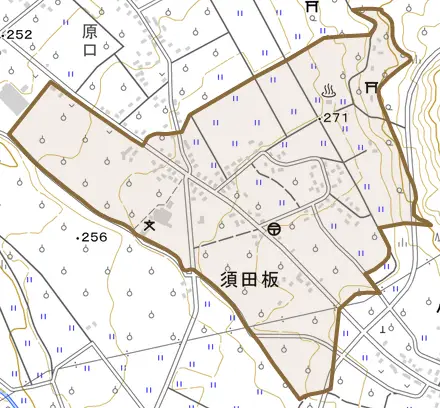 須田板とその周辺の地図。町の範囲を重ねている