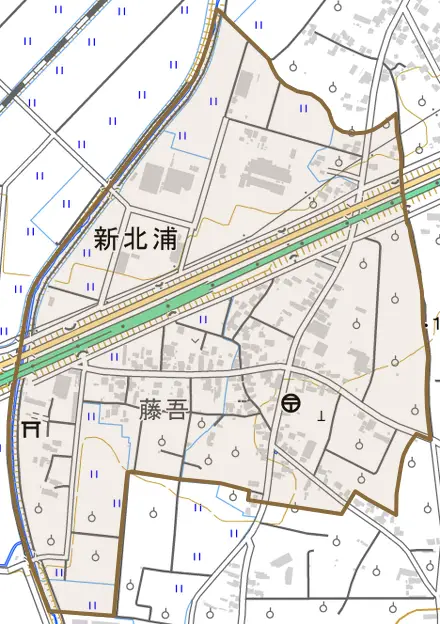 藤吾とその周辺の地図。町の範囲を重ねている