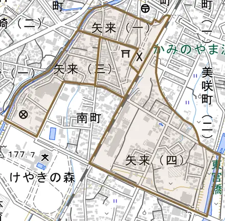 矢来とその周辺の地図。町の範囲を重ねている