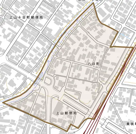 八日町とその周辺の地図。町の範囲を重ねている