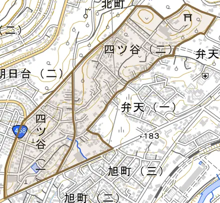 四ツ谷とその周辺の地図。町の範囲を重ねている