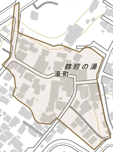 湯町とその周辺の地図。町の範囲を重ねている