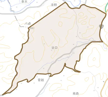 大字谷口銀山とその周辺の地図。町の範囲を重ねている