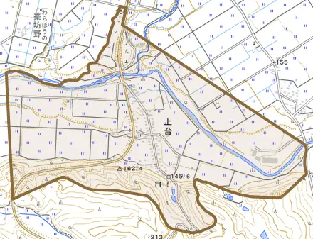 大字上台とその周辺の地図。町の範囲を重ねている