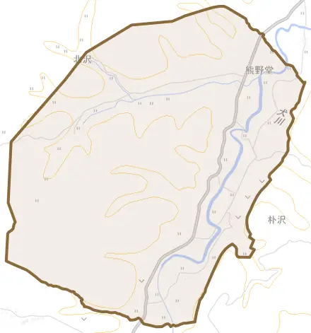 大字朴沢とその周辺の地図。町の範囲を重ねている