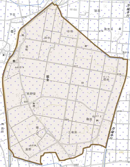 大字堀金とその周辺の地図。町の範囲を重ねている