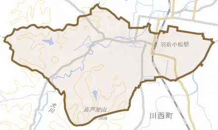 大字上小松とその周辺の地図。町の範囲を重ねている