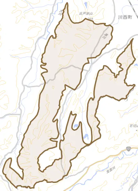 大字上奥田とその周辺の地図。町の範囲を重ねている