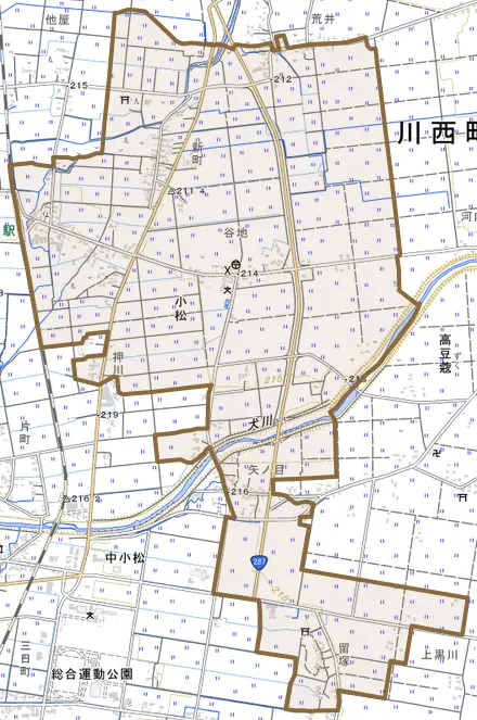 大字小松とその周辺の地図。町の範囲を重ねている