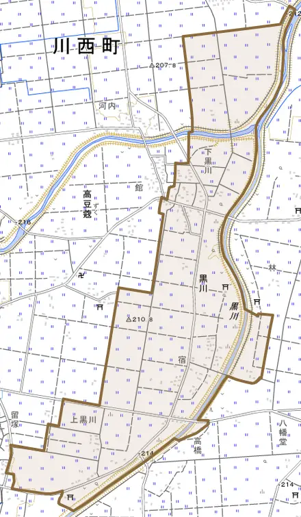 大字黒川とその周辺の地図。町の範囲を重ねている