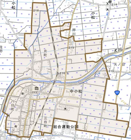 大字中小松とその周辺の地図。町の範囲を重ねている