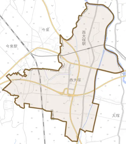 大字西大塚とその周辺の地図。町の範囲を重ねている