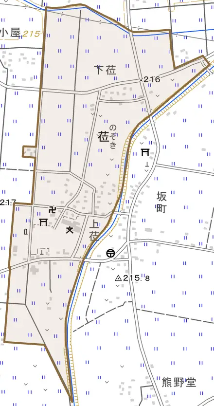 大字莅とその周辺の地図。町の範囲を重ねている