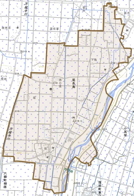 大字尾長島とその周辺の地図。町の範囲を重ねている