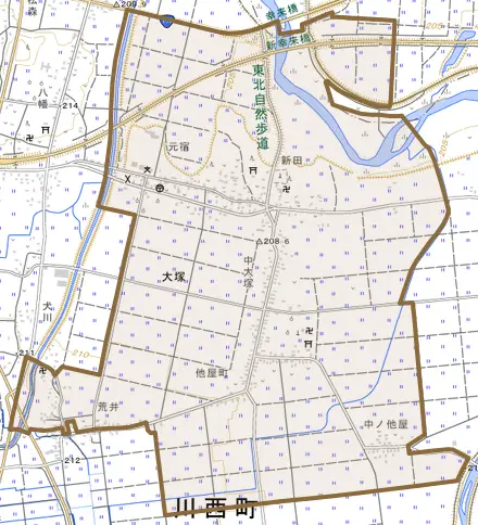 大字大塚とその周辺の地図。町の範囲を重ねている