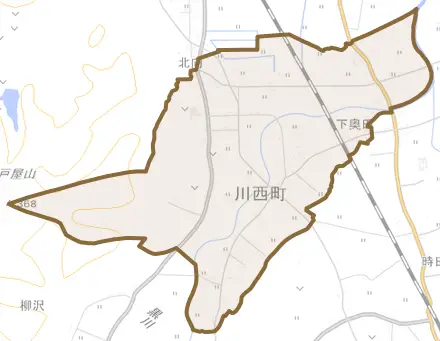大字下奥田とその周辺の地図。町の範囲を重ねている